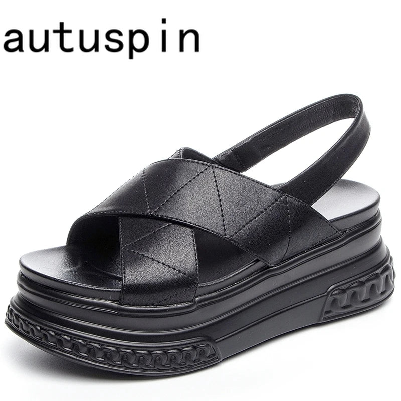 AUTUSPIN Size 33-40 Women's Sandals Summer Fashion Flats Platform Ladies Shoes New Synthetic Leather High Heels Rome Style 7cm