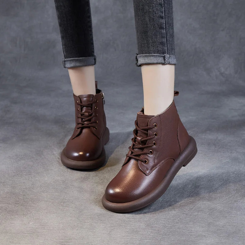 DRKANOL Autumn Winter Warm Flat Heel Ankle Boots For Women Handmade Retro Round Toe Genuine Leather Comfort Casual Short Boots