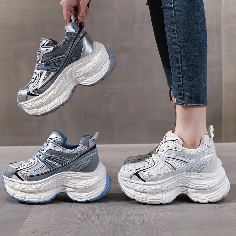 AUTUSPIN High Platform Women Sneakers 2025 Spring Fashion Thick Soled Shoes Breathable Mesh Splicing Footwear Outdoor Popular