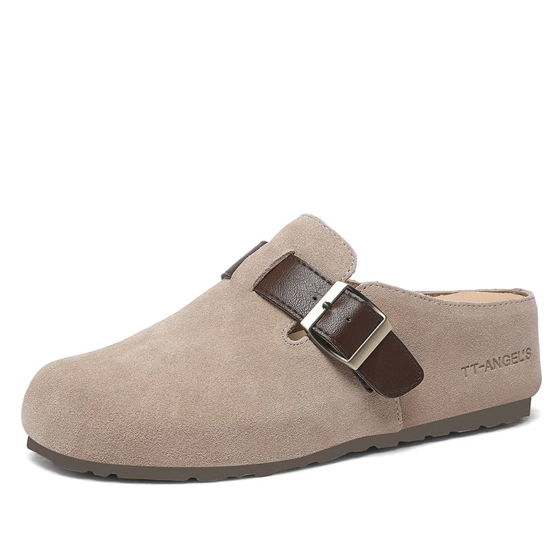 AUTUSPIN Fashion Round Toe Slides Shoes Women 2025 Summer Spring Suede Leather Mules Slippers Female Lazy Slip on Loafers Woman