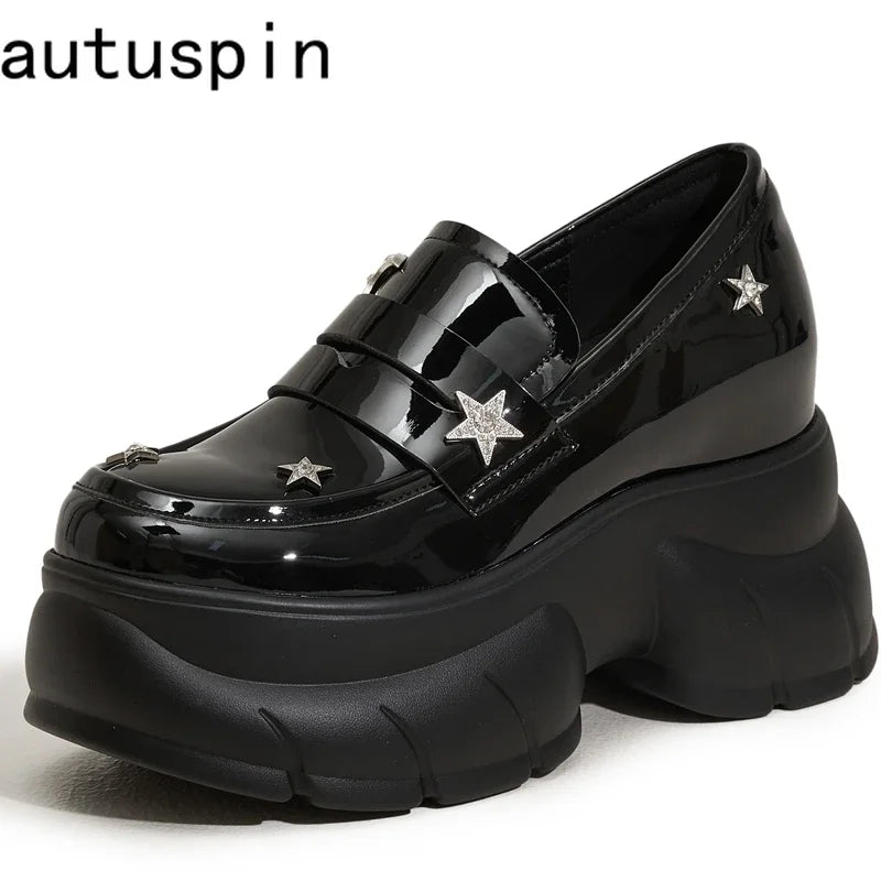 AUTUSPIN 8.5cm Fashion Wedges Pumps Women Spring Summer Shallow Shoes Soft Leather Loafers Female Crystal Platform High Heels