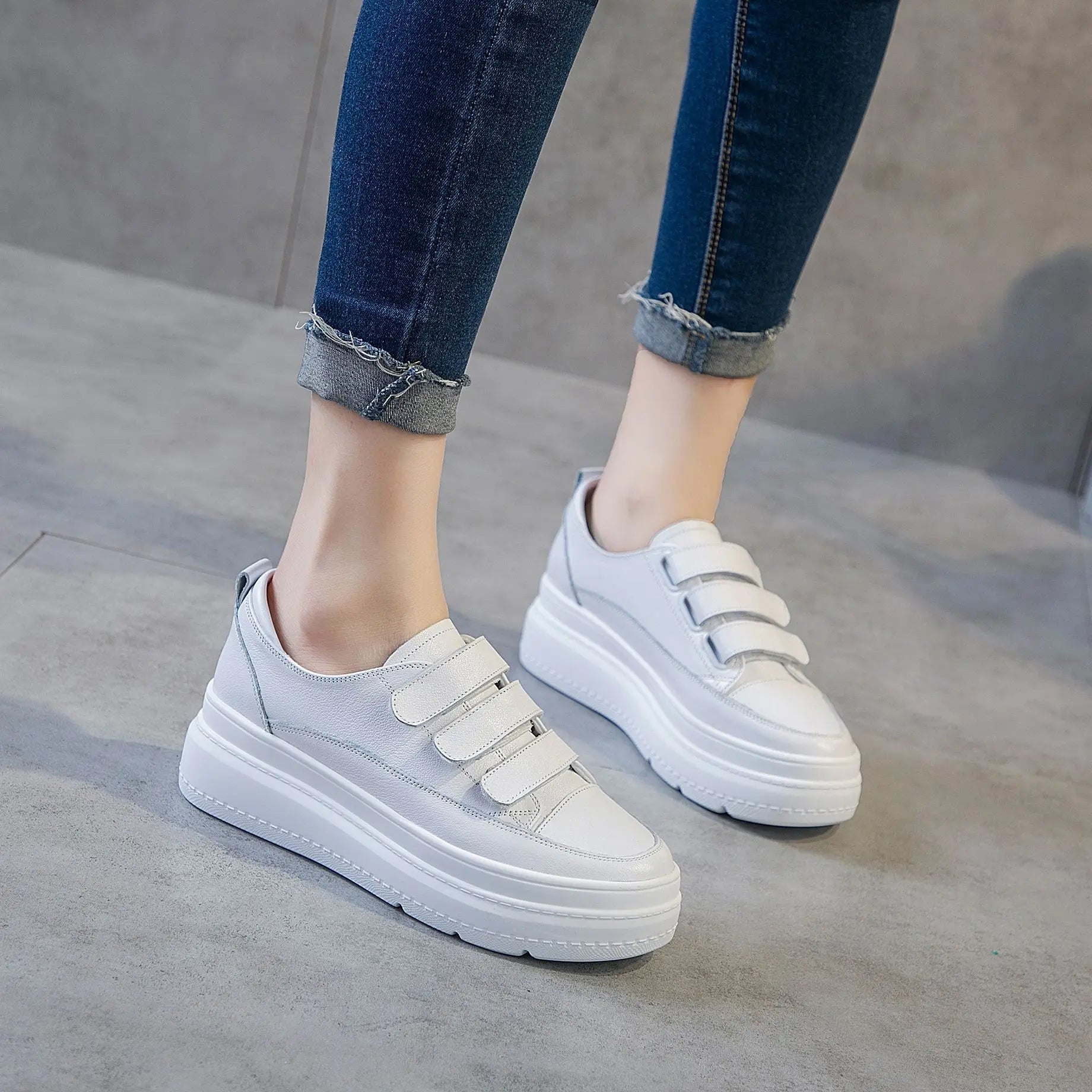 Fujin 8cm Hook Loop Women Sneakers Platform Genuine Leather White Classical Slip on Spring Autumn Wedge Heel Shoes Vulcanzied