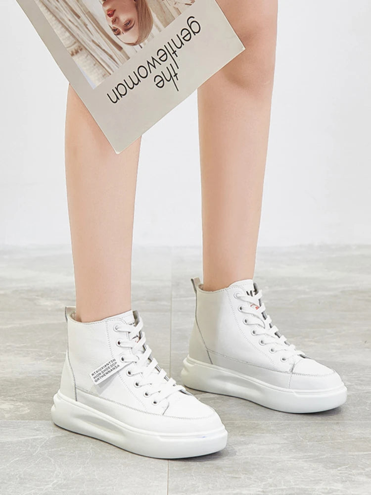 Fujin 5.5cm Genuine Leather Women Ankle Boots Platform Shoes High Top Sneakers White Spring Autumn Warm Fur Women Winter Shoes