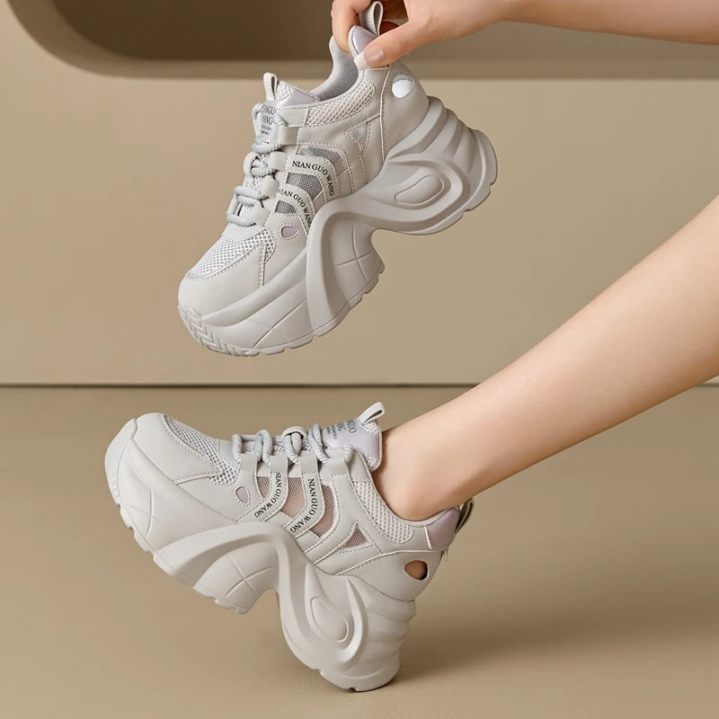 Autuspin 8cm Heel Height Women Vulcanized Shoes Fashion Breathable Mesh Patchwork Leather Sneakers Woman Outdoor Leisure Popular