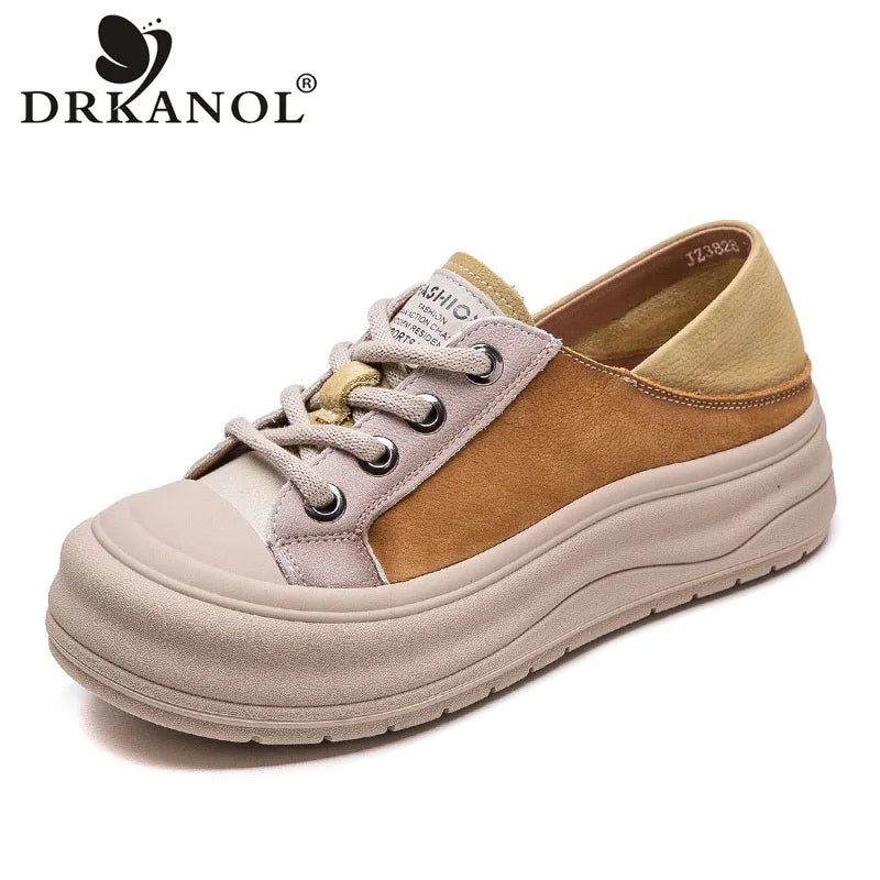 DRKANOL 2025 Women Casual Shoes Mixed Colors Genuine Leather Thick Bottom Chunky Platform Round Toe Women Board Shoes Footwear