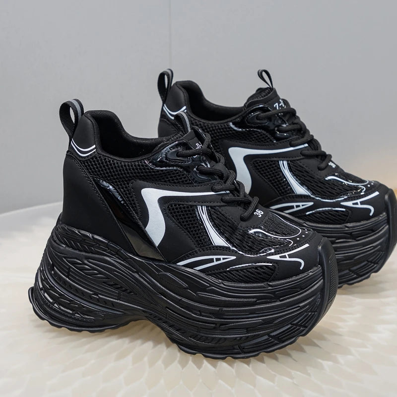 AUTUSPIN 13cm High Brand Platform Women Shoes Winter Autumn Genuine Cow Leather Chunky Leisure Sneakers Wide Toe Sport Shoes