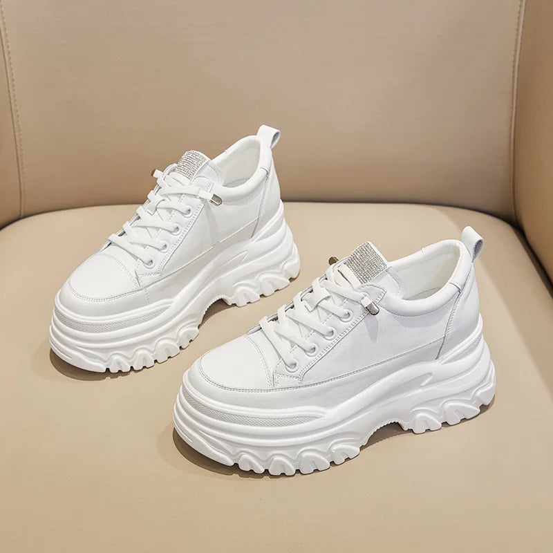 Fujin 9cm High Heel Genuine Leather Women Shoes Chunky Sneakers Wedge Platform Shoes Summer Women Breathable Comfy Footwear