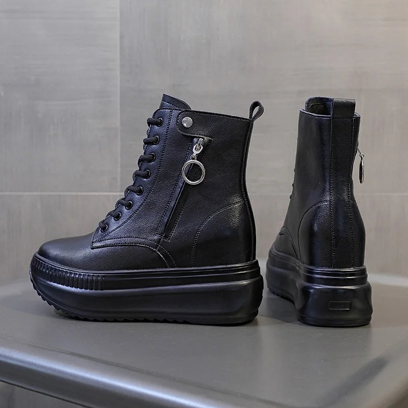 DRKANOL Height Increasing Ankle Boots For Women Real Cowhide Chunky Platform Casual Short Boots Autumn Winter Warm Shoes Black