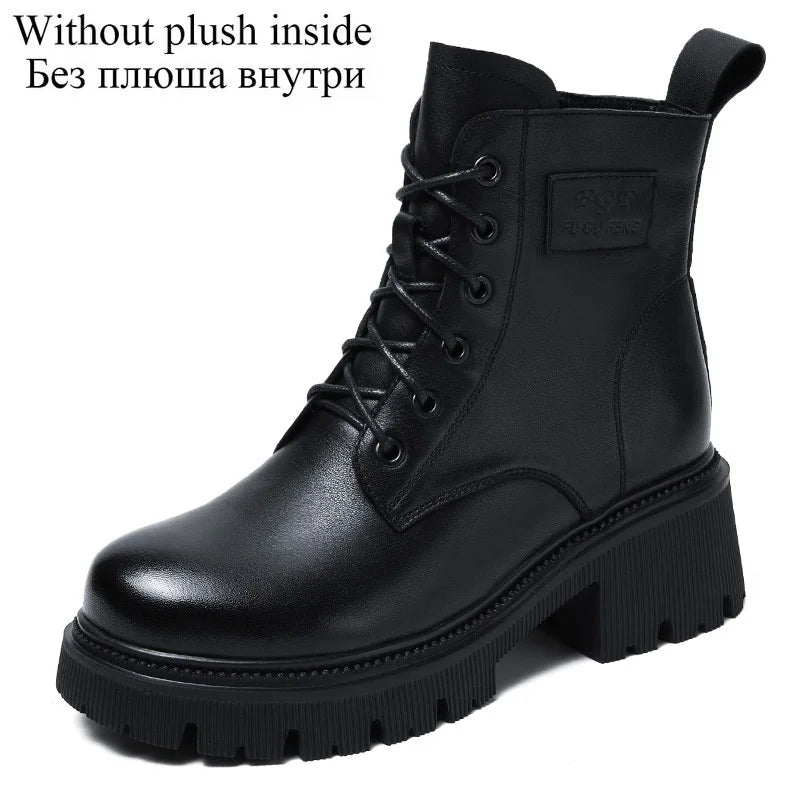 DRKANOL 2025 Fashion Women Genuine Cow Leather Thick Heel Ankle Boots Autumn Winter Chunky Platform Handmade Retro Warm Boots