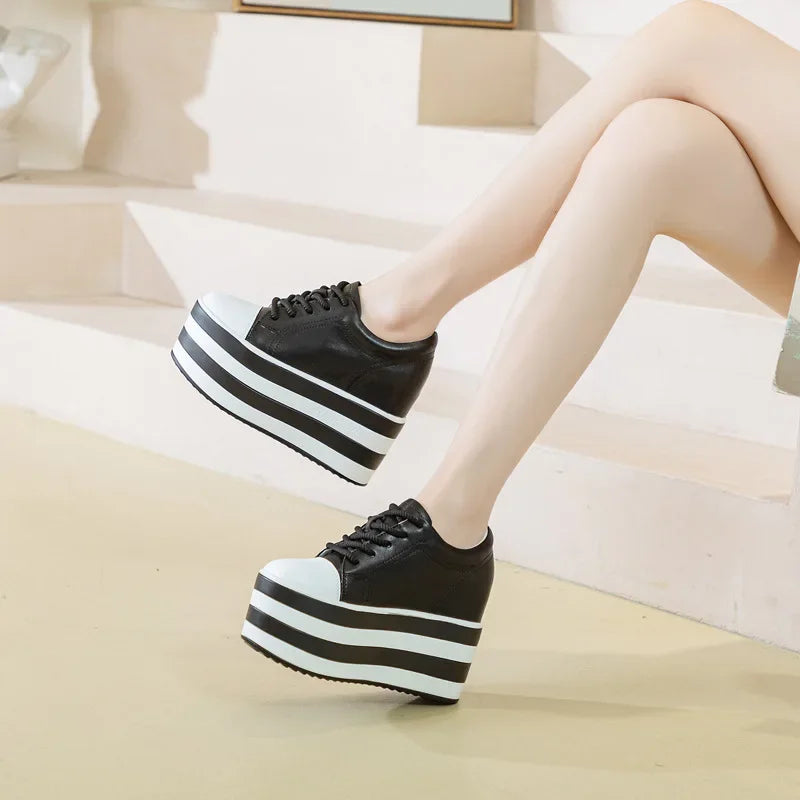 Fujin 12cm Genuine Leather Synthetic Women Autumn Spring Platform Wedge Women Fashion Sneakers Chunky Shoes Vulcanize Skateboard