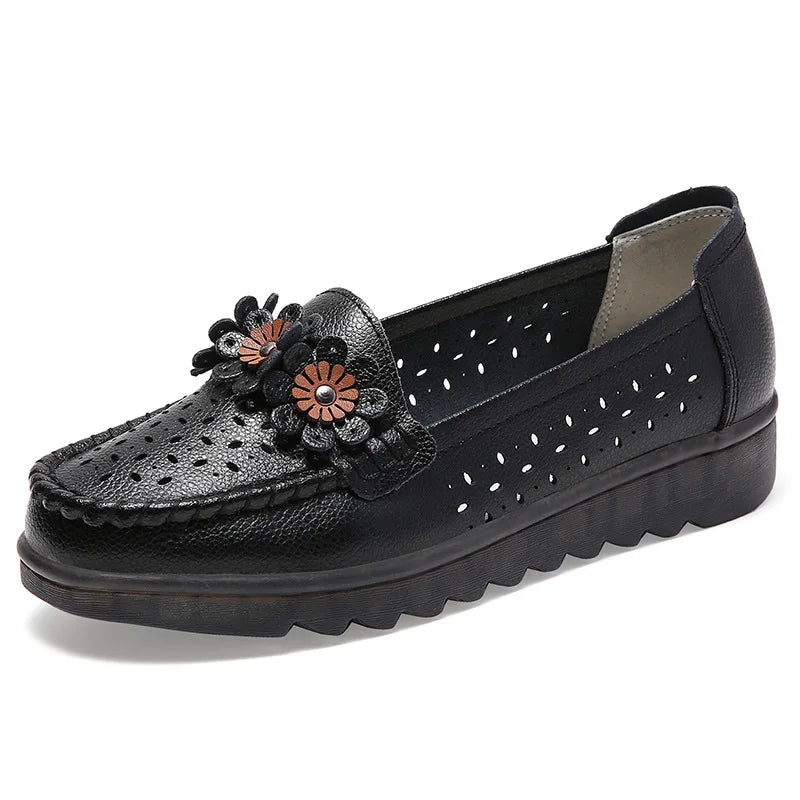 WOIZGIC Women Female Ladies Mother Genuine Leather Shoes Flats Loafers Platform Hollow Slip On Summer Cool Flowers Moccasins