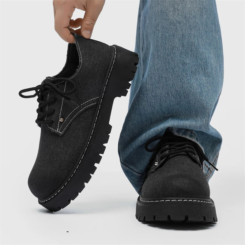 Men's Casual Shoes Comfortable Breathable Canvas Upper Thick Bottom Fashion Sewing Round Toe Leather Chunky Shoes Male Footwear