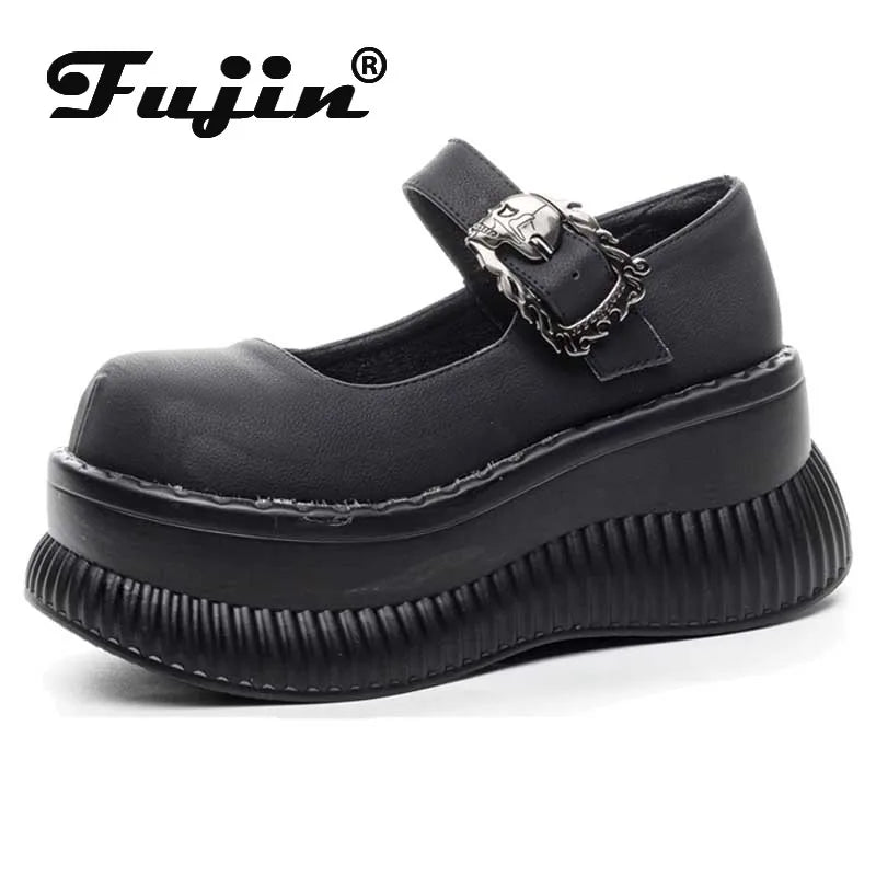 Fujin 7.5cm PU Microfiber Leather Mary Jane Autumn Flats Slipper Pumps High Women Platform Wedge Shoes Spring Brand Round Toe