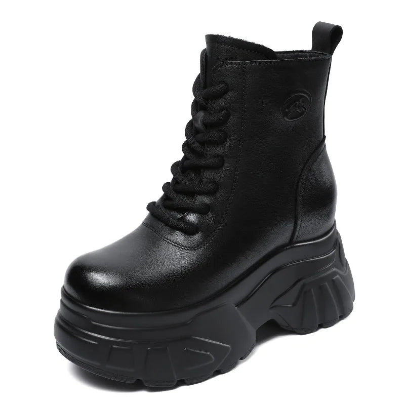 DRKANOL 2025 Women Wedges Heel Ankle Boots Autumn Winter 10cm Height Increasing Genuine Leather Platform Retro Warm Short Boots