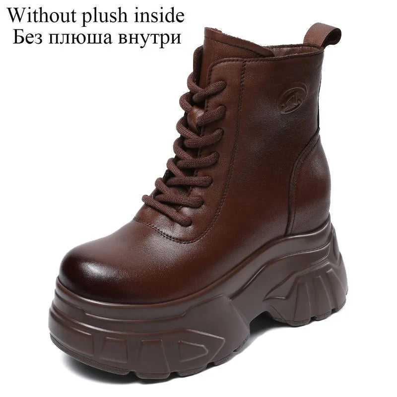 DRKANOL 2025 Women Wedges Heel Ankle Boots Autumn Winter 10cm Height Increasing Genuine Leather Platform Retro Warm Short Boots