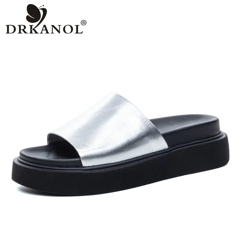 DRKANOL Fashion Women Chunky Platform Slippers Summer Slip On Open Toe Cow Genuine Leather Wedges Heel Slippers Casual Slides