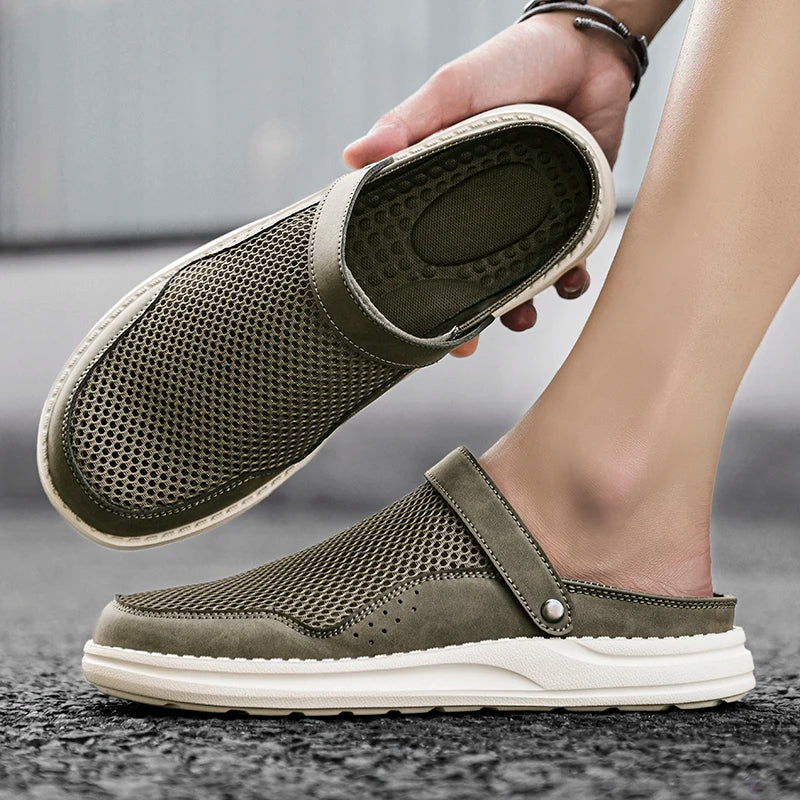 Luxury Men Slipper Comfy Casual Breathable Mesh Shoes Mules Leather Soft Bottom Sandals Summer Outdoor Non-slip Walking Shoes