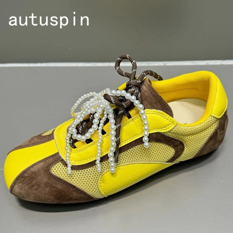 AUTUSPIN Women Mixed Colors Flat Sneakers Outdoor Fashion Retro Suede Leather INS Sneaker Ladies Splicing Mesh Training Shoes
