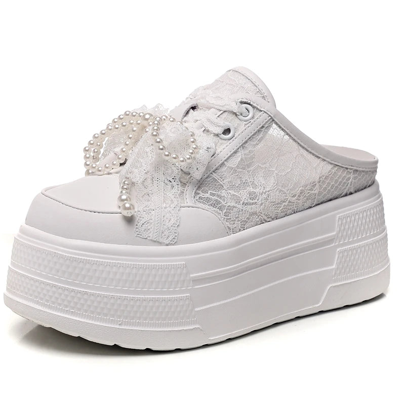 AUTUSPIN 8cm Women Slippers Lace Shoes 2025 Summer Spring Pearls Beads Decoration Slides Loafers High Wedges Platform Mules Heel