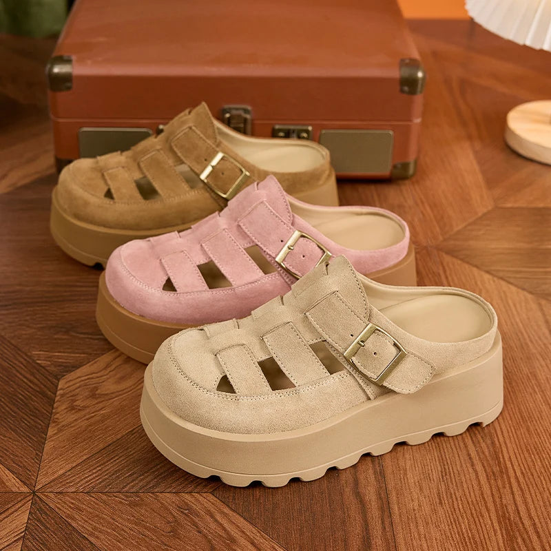 AUTUSPIN Retro Pink Mules Shoes Women Summer Hollow Out Suede Leather Ladies Slippers Wide Toe Casual Platform Slides Shoes 2025