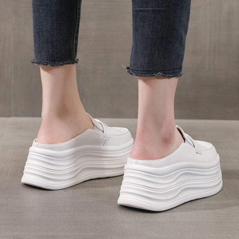 AUTUSPIN Flats Platform Women Slippers High Chunky Bottom Ladies Mules Shoes White Leather Tide Slides Slipper Woman Fashion