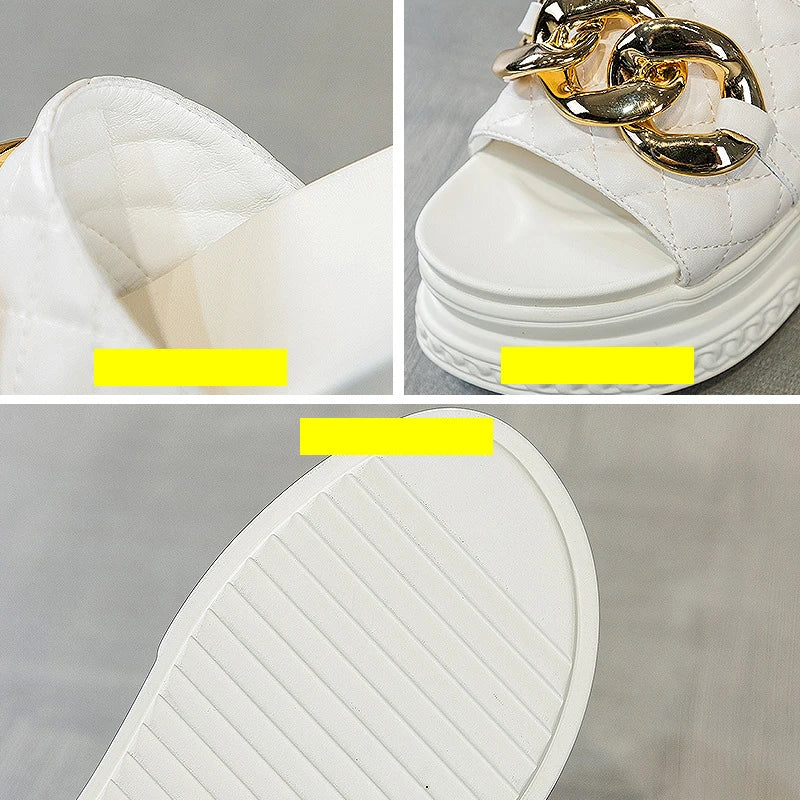 Fujin 7cm Genuine Leather Women Summer Shoes Outside Slippers Beach Shoes Platform Wedges Slides Sandals Beach Shoes