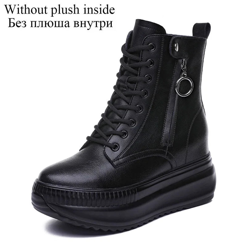 DRKANOL Height Increasing Ankle Boots For Women Real Cowhide Chunky Platform Casual Short Boots Autumn Winter Warm Shoes Black