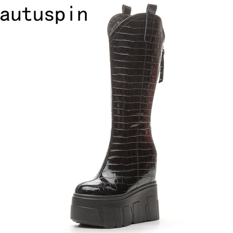 AUTUSPIN 13cm Increase Height Women Boots Fashion Sexy Black Long Boot Shoes Winter Warm Plush Super High Heels Platform Boots