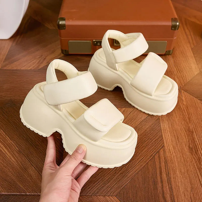 AUTUSPIN 7cm Peep Toe Fashion Shoes for Women 2024 Summer New Platform Wedge Leather Sandals Woman Hook High Heels Size 34-39