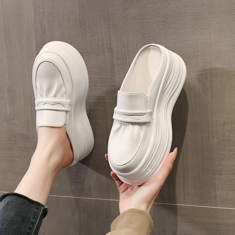 AUTUSPIN Flats Platform Women Slippers High Chunky Bottom Ladies Mules Shoes White Leather Tide Slides Slipper Woman Fashion