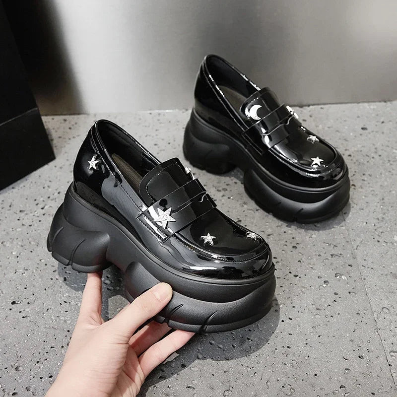 AUTUSPIN 8.5cm Fashion Wedges Pumps Women Spring Summer Shallow Shoes Soft Leather Loafers Female Crystal Platform High Heels