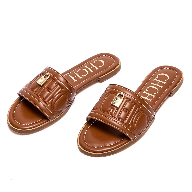Slippers Car Stitching Luxury Brand Women's Shoes Black Flat Metal Buckle Home Outdoor Casual Slippers