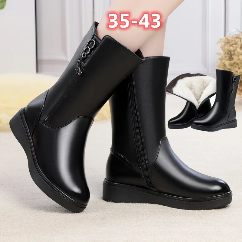 WOIZGIC Female Ladies Boots Women's Mid Calf Winter Fur Wool Plush Warm Zipper Genuine Leather Shoes Boots Plus Size 42 43 Snow