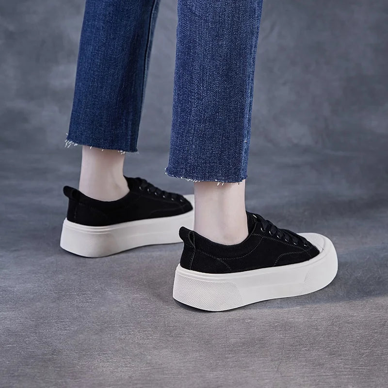 DRKANOL 2025 Fashion Women Flat Platform Shoes Spring Lace-Up Quality Cow Suede Round Toe Casual Sneakers Ladies Board Shoes
