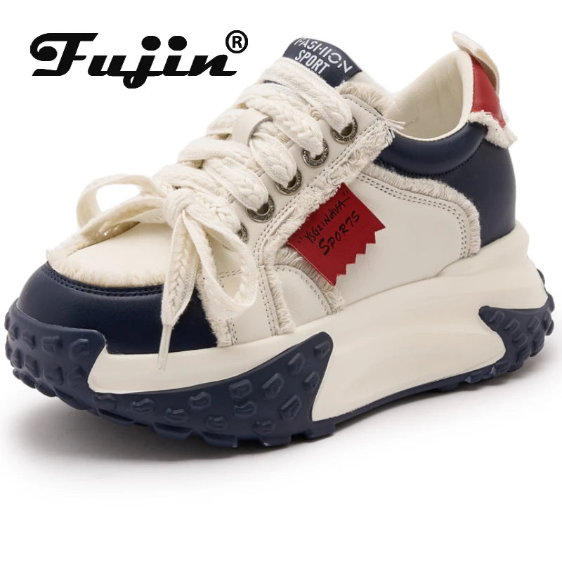 Fujin 7.5cm Microfiber Leather Vulcanize Ankle Flats Autumn Booties Breathable Summer Women Chunky Sneaker Comfy Spring Shoes