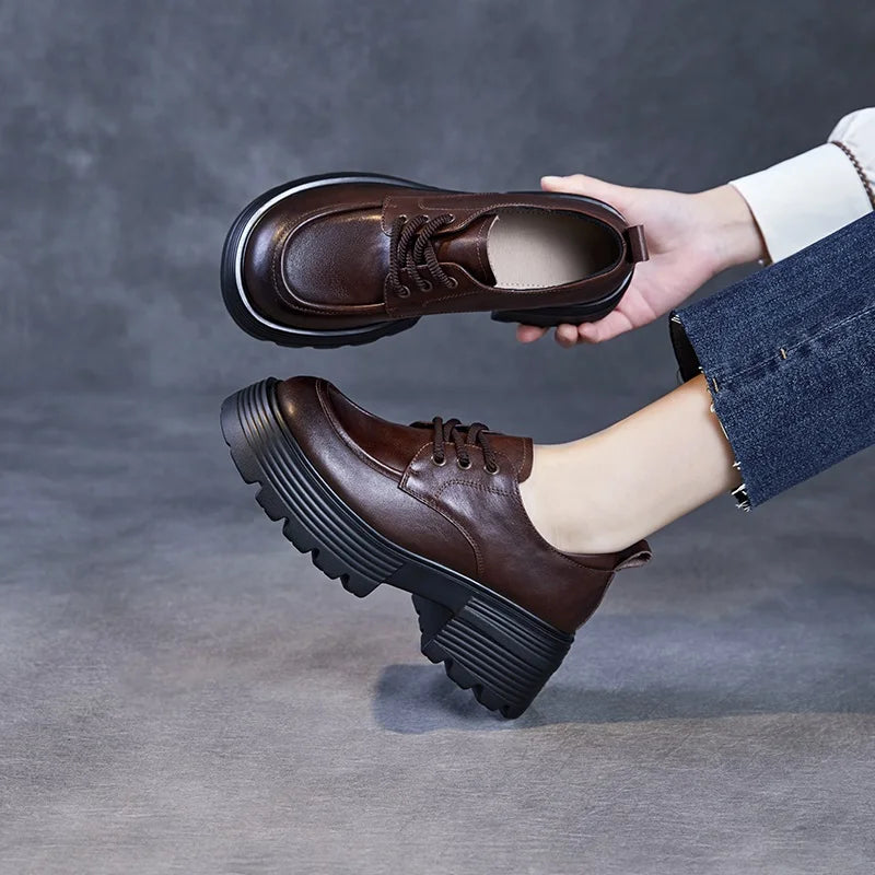 DRKANOL 2025 Women Chunky Platform Shoes Luxurious Genuine Cow Leather Thick High Heel Pumps Lace-Up Round Toe Casual Shoes Lady