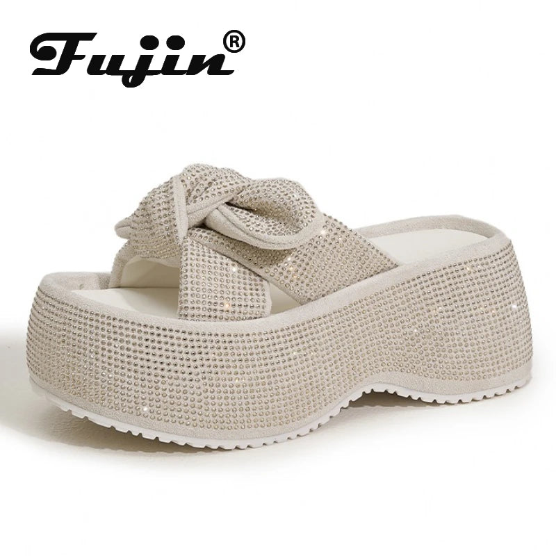 Fujin 8cm Synthetic Microfiber Leather Women Sandals Flats Chunky Sneakers Hollow Bling Slippers Platform Wedge Flats Shoes