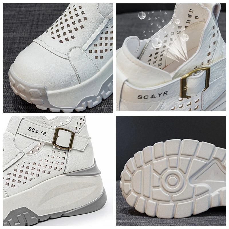 Fujin 7.5cm Microfiber Leather Ankle Boots Sandals Women Platform Wedge Fashion Summer Comfy Shoes Hollow Chunky Sneaker Lace Up