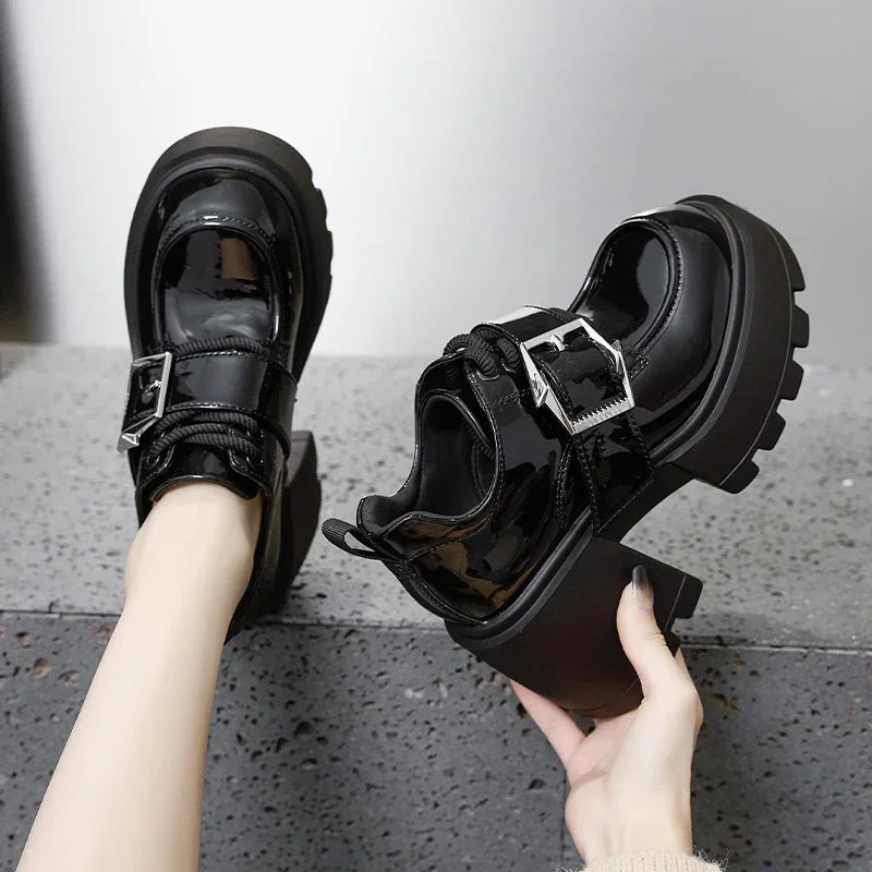 AUTUSPIN 8.5cm Square Thick High Heels Women Winter Autumn Patent Leather Pumps Female Leisure Concise Mary Janes Oxfords Shoes