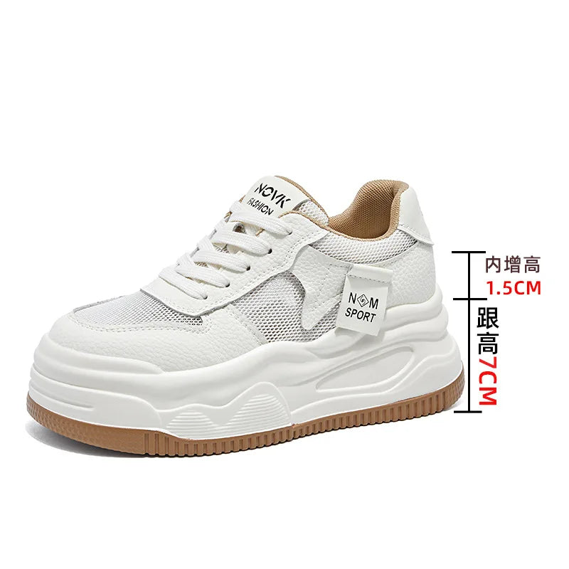 Fujin 8.5cm Genuine Leather Women Vulcanize Chunky Sneakers Women Summer Hidden High Heels Platform Wedge Summer Mesh Shoes