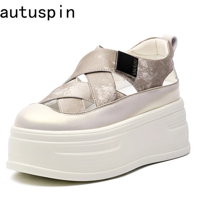 AUTUSPIN Summer Hollow Out Sandals Women's Fashion Leather Shoes Outdoor Woman High Platform Trendy Sandal Female Size 33-40