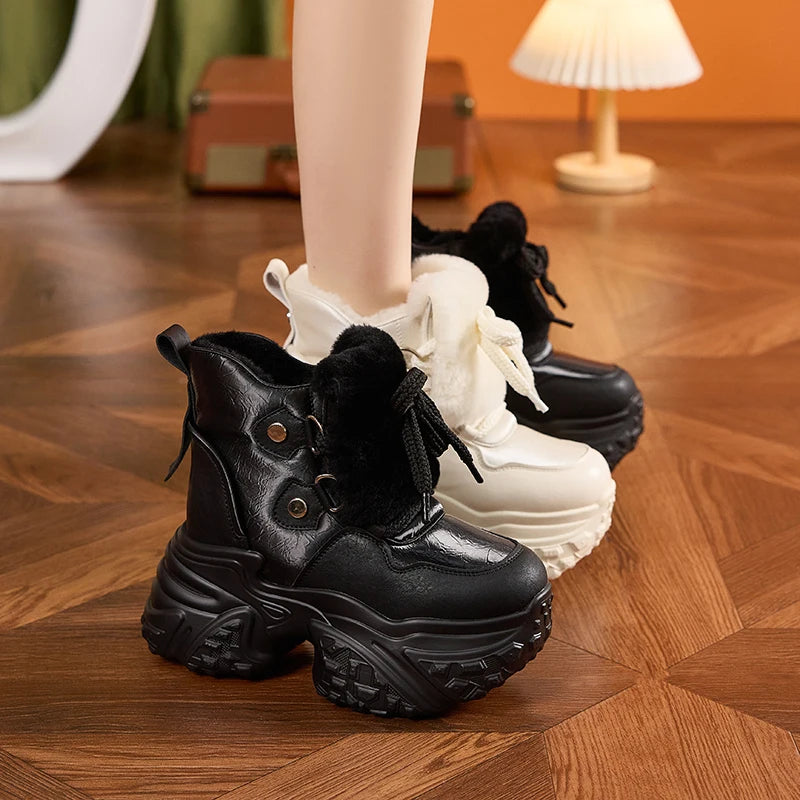 AUTUSPIN 8cm High Platforms Snow Boots Women 2025 Winter Spring Warm Plush High-top Sneakers Female Fashion Short Booties Woman