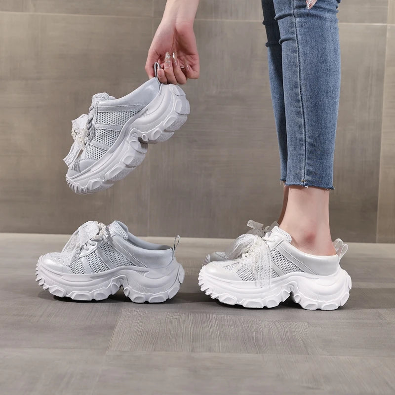AUTUSPIN 8cm Air Mesh Synthetic Leather Vulcanize Shoes Platform Wedge Fashion Women Ins Tide Slippers Summer Breathable Sneaker