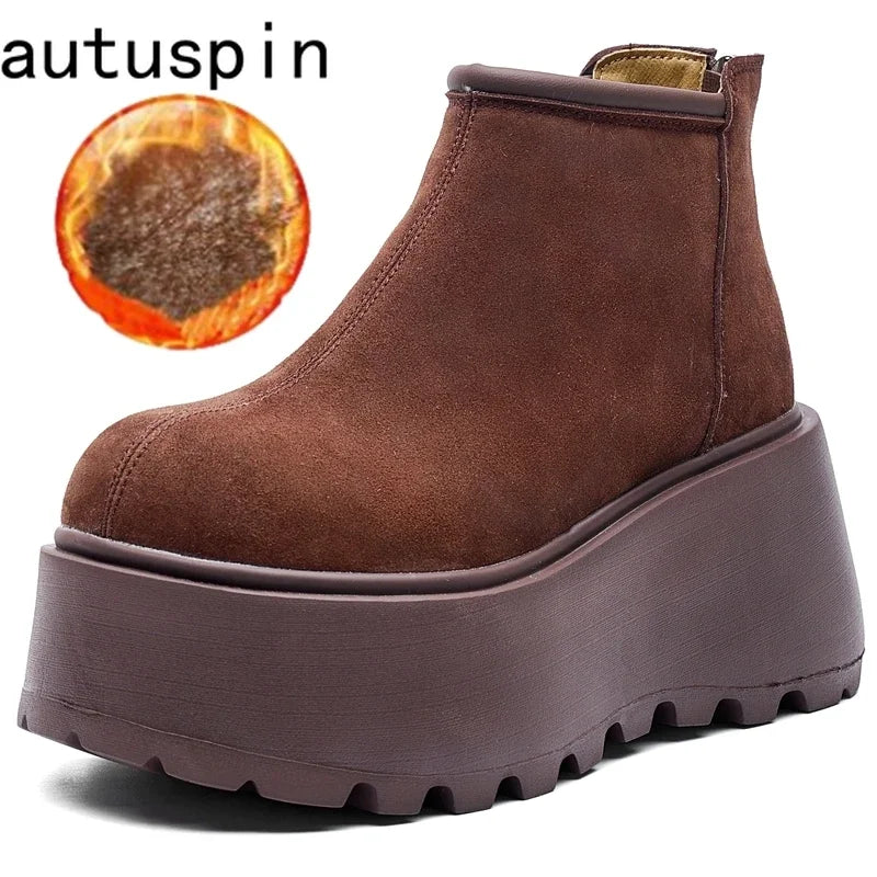 AUTUSPIN Outdoor Snow Boots Fot Women High Platform Concise Round Toe Warm Shoes Winter Flats Chunky Suede Leather Ankle Boot
