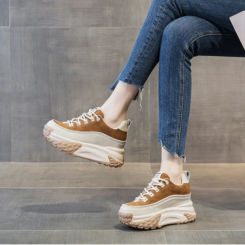 Fujin 7cm Suede Genuine Leather Platform Wedge Chunky Sneakers Spring Leisure Women Vulcanize Thick Bottom Winter Plush Shoes