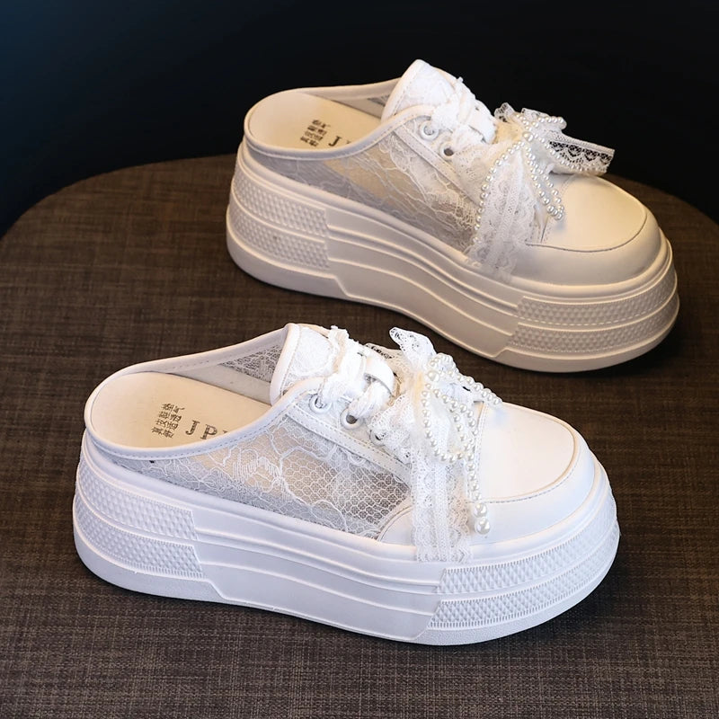 AUTUSPIN 8cm Women Slippers Lace Shoes 2025 Summer Spring Pearls Beads Decoration Slides Loafers High Wedges Platform Mules Heel