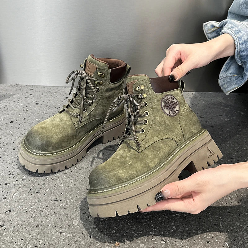 AUTUSPIN 6cm Thick Heels Women Motorcycle Boots Winter Autumn Female Fashion Cross-tied Genuine Leather Shoes Short Ankle Boot
