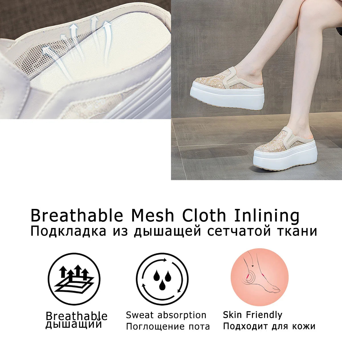 Fujin 8cm Air Mesh Lace Genuine Leather Comfy Platform Wedge Slippers High Brand Breathable Summer Platform Wedge Casual Shoes