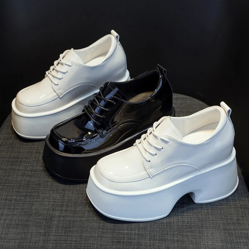 AUTUSPIN 7.5cm Chunky Heel Loafers Women Fashion Sleeky Leather Lace-up Broches Shoes Spring Summer Ladies Oxford Pumps Woman