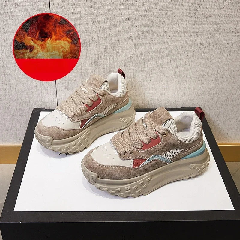 Fujin 6cm Genuine Leather Platform Mesh Breathable Sneakers Chunky Hidden Heel Mixed Color Women Autumn Spring Vulcanize Shoes